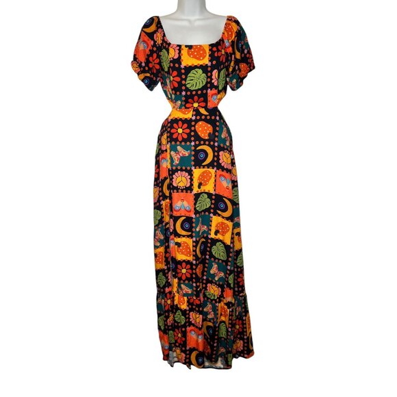 Cats Brazil Tropical Print Cut Out Tie Back Maxi Dress Multicolor Puff Sleeve M - Picture 1 of 13